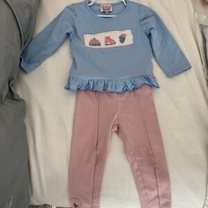 2T set The smocking place Blue Top and Janie and jack Pink Legging Matching Set